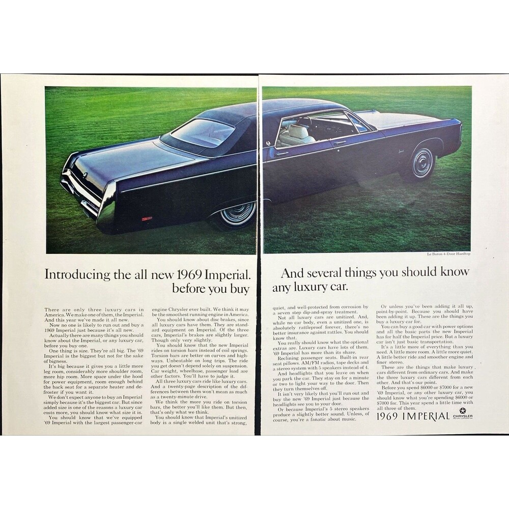 Chrysler 1969 Imperial Le Baron 4-Door Hardtop 2 Page Vintage Print Ad 1969